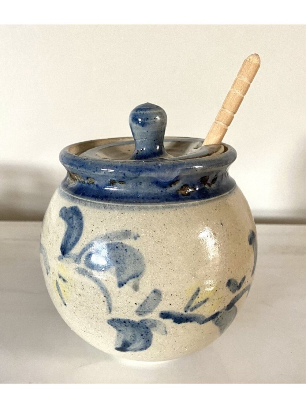 Mitchell Handmade Art Pottery Honey Pot Jar With Wood Dipper Signed